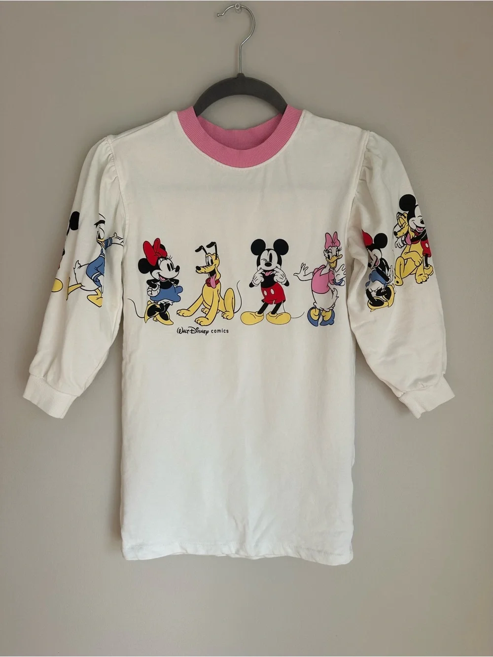 H&M Girls Disney Long Sleeve Dress Size 6/7 Mickey Minnie Character White Pink